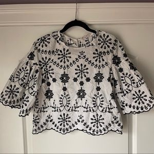 Zara Trafaluc Collection, black and white patterned flare sleeve crop top